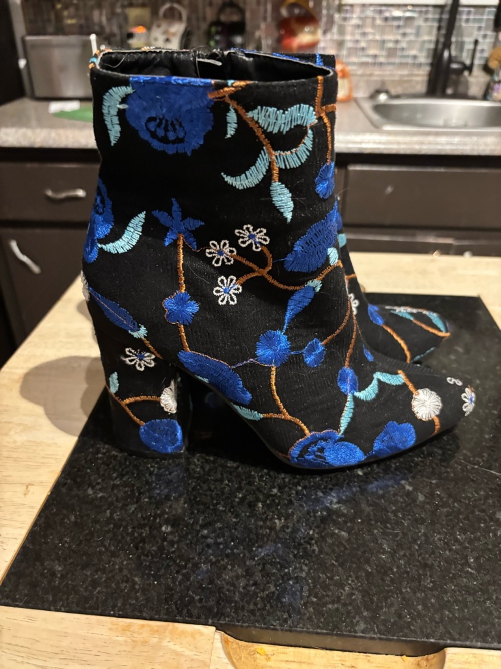VENUS Black Ankle Boots with Blue Floral Embroidery